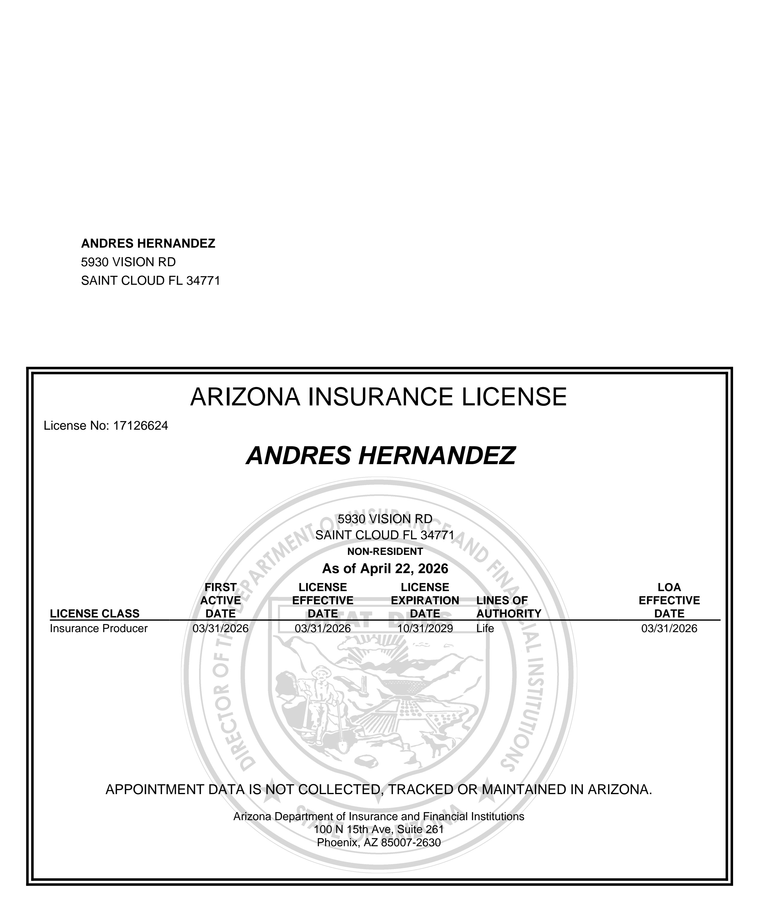 Licencia de seguros - Arizona