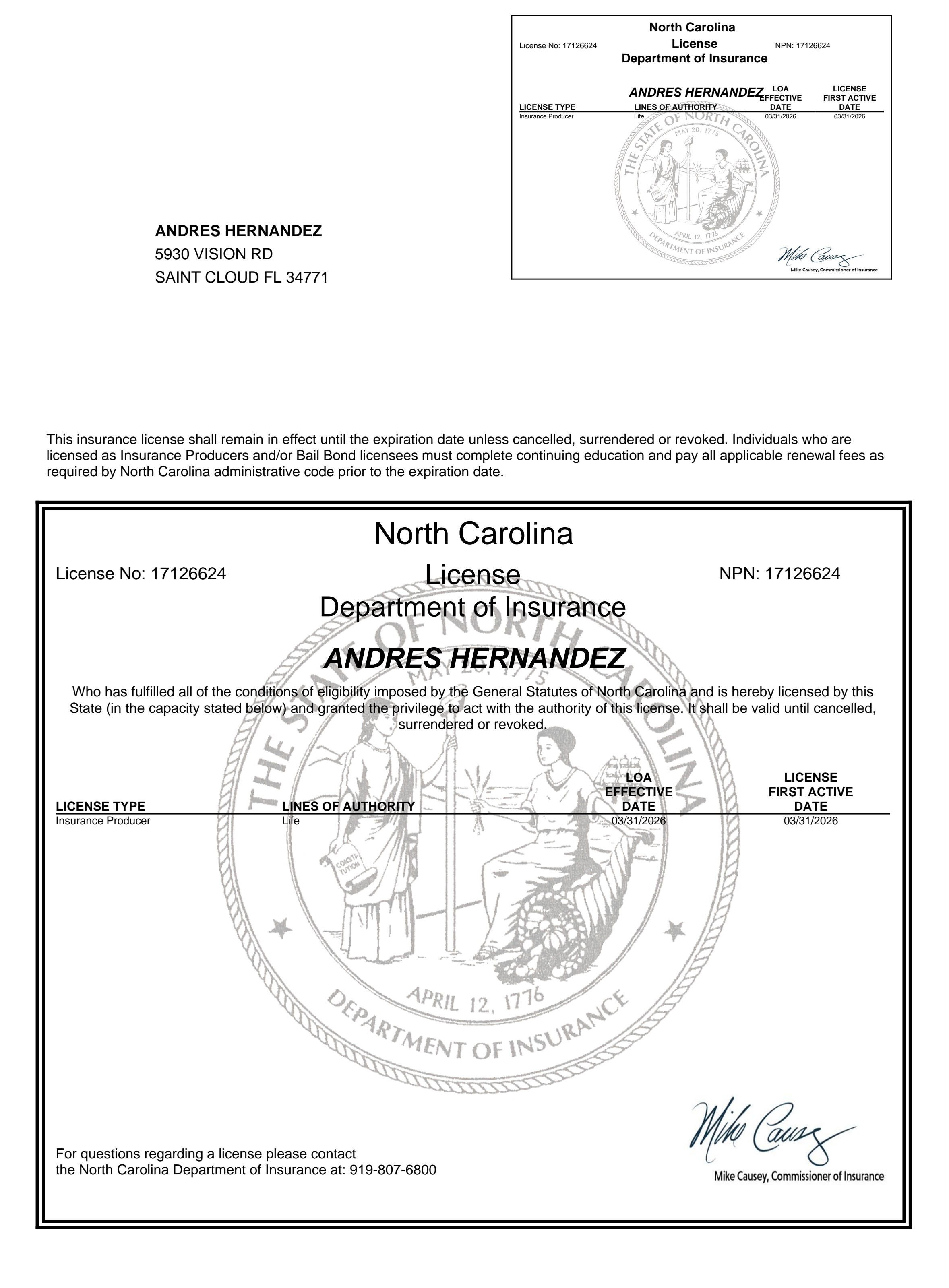Licencia de seguros - North Carolina
